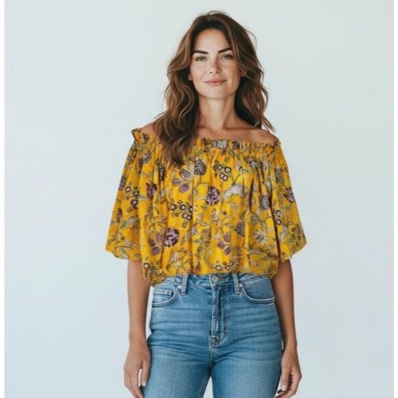 Floral Block Print Blouse Off Shoulder peasant Boho Yellow M/L - Picture 1 of 7